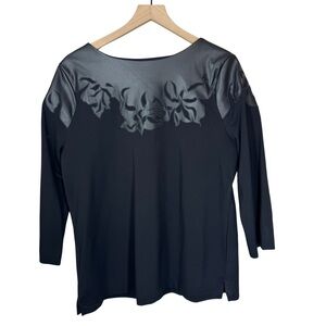 NWT Chico’s LARGE Size 2 Ponte Faux Leather Black 3/4 Sleeves Floral Appliqué